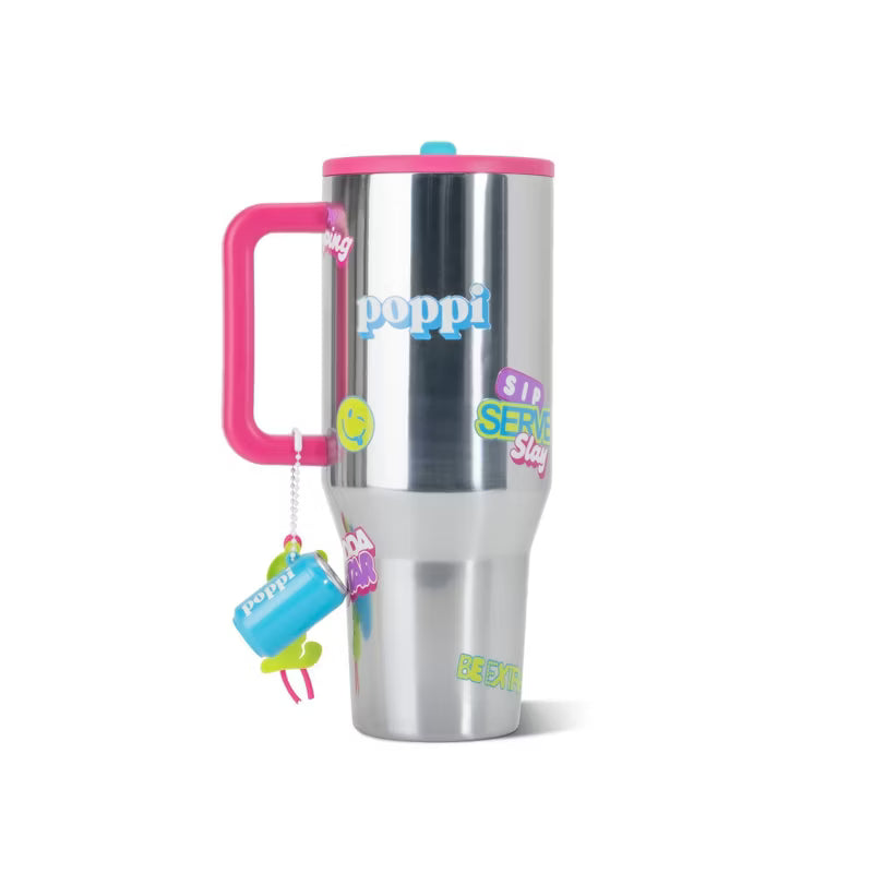 HydroJug x Poppi 40 fl oz Stainless Steel Straw Tumbler Silver Chrome Stickers