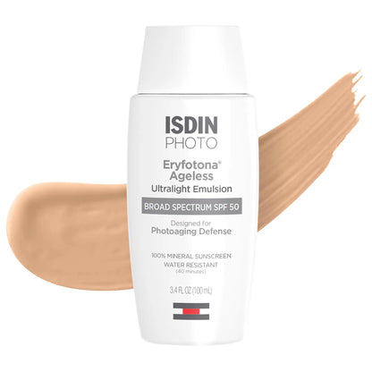 ISDIN - Eryfotona Ageless Ultralight Tinted Mineral Sunscreen SPF 50 to even tone and fight photoaging with Peptides and Vitamin E 50