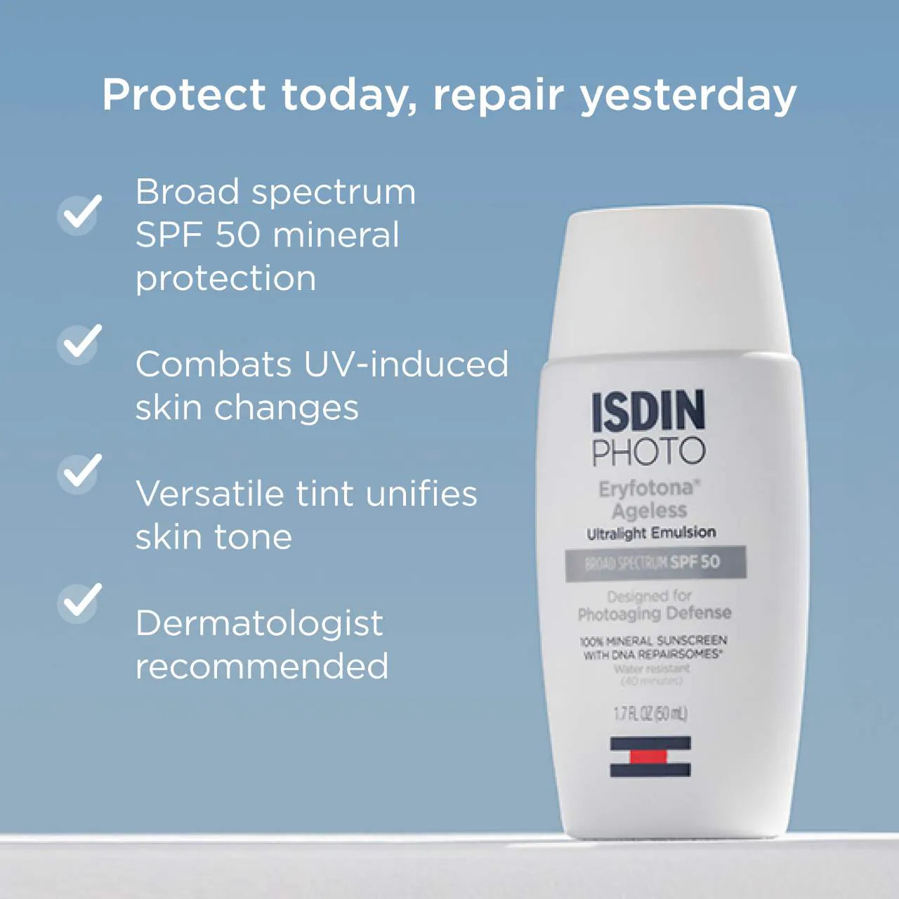 ISDIN - Eryfotona Ageless Ultralight Tinted Mineral Sunscreen SPF 50 to even tone and fight photoaging with Peptides and Vitamin E 50