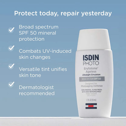 ISDIN - Eryfotona Ageless Ultralight Tinted Mineral Sunscreen SPF 50 to even tone and fight photoaging with Peptides and Vitamin E 50