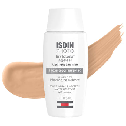 ISDIN - Eryfotona Ageless Ultralight Tinted Mineral Sunscreen SPF 50 to even tone and fight photoaging with Peptides and Vitamin E 50